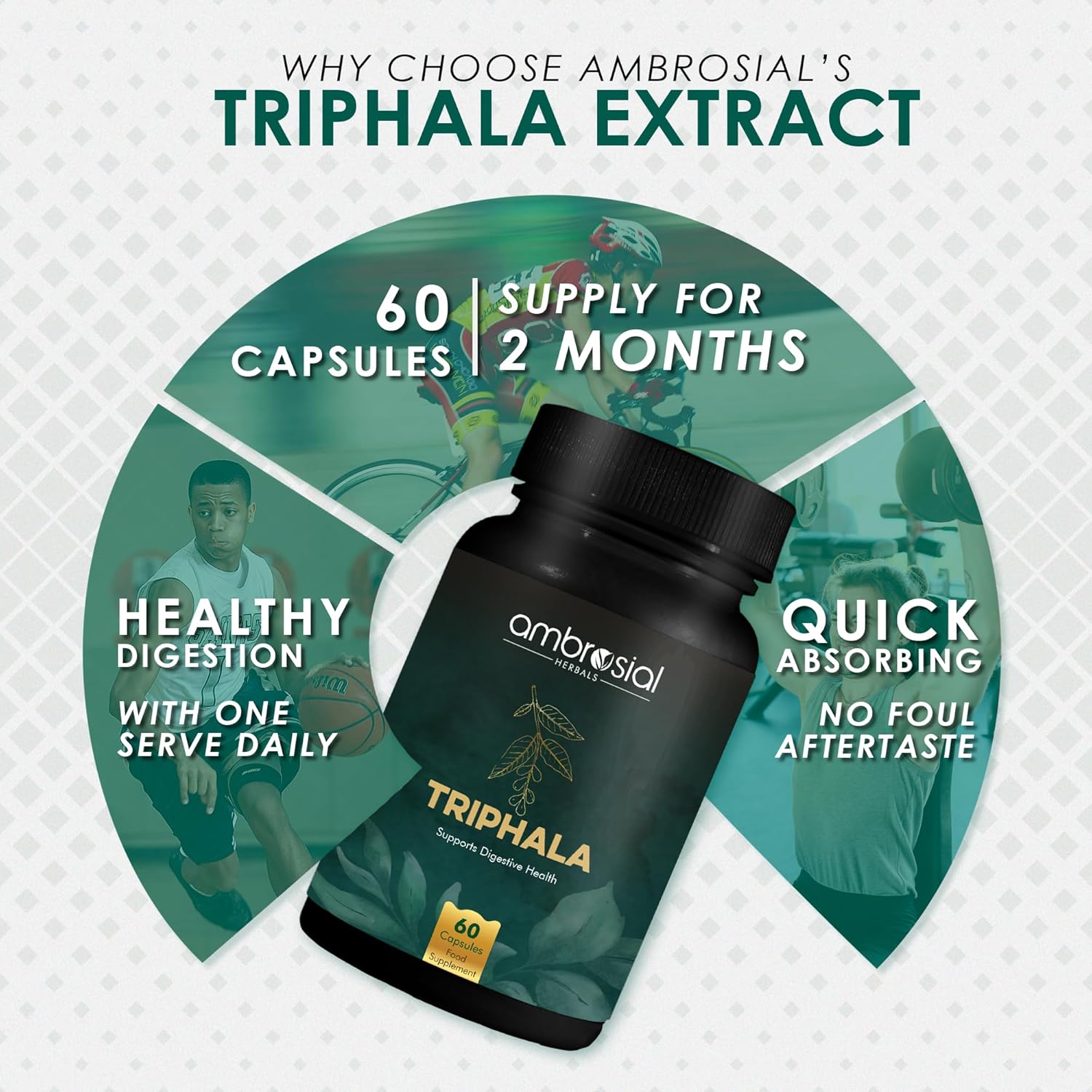 Ambrosial Triphala| Tablets Blend of 3 Natural herbs in Triphala Powder Premium Herbal Digestive Enzymes Relief from Constipation Digestion Support Colon Cleanser & Gas Relief (Pack of 1-60 Capsules)