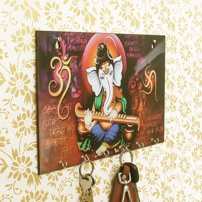 Ecraftindia Lord Ganesha Theme Wooden Key Holder With 6 Hooks