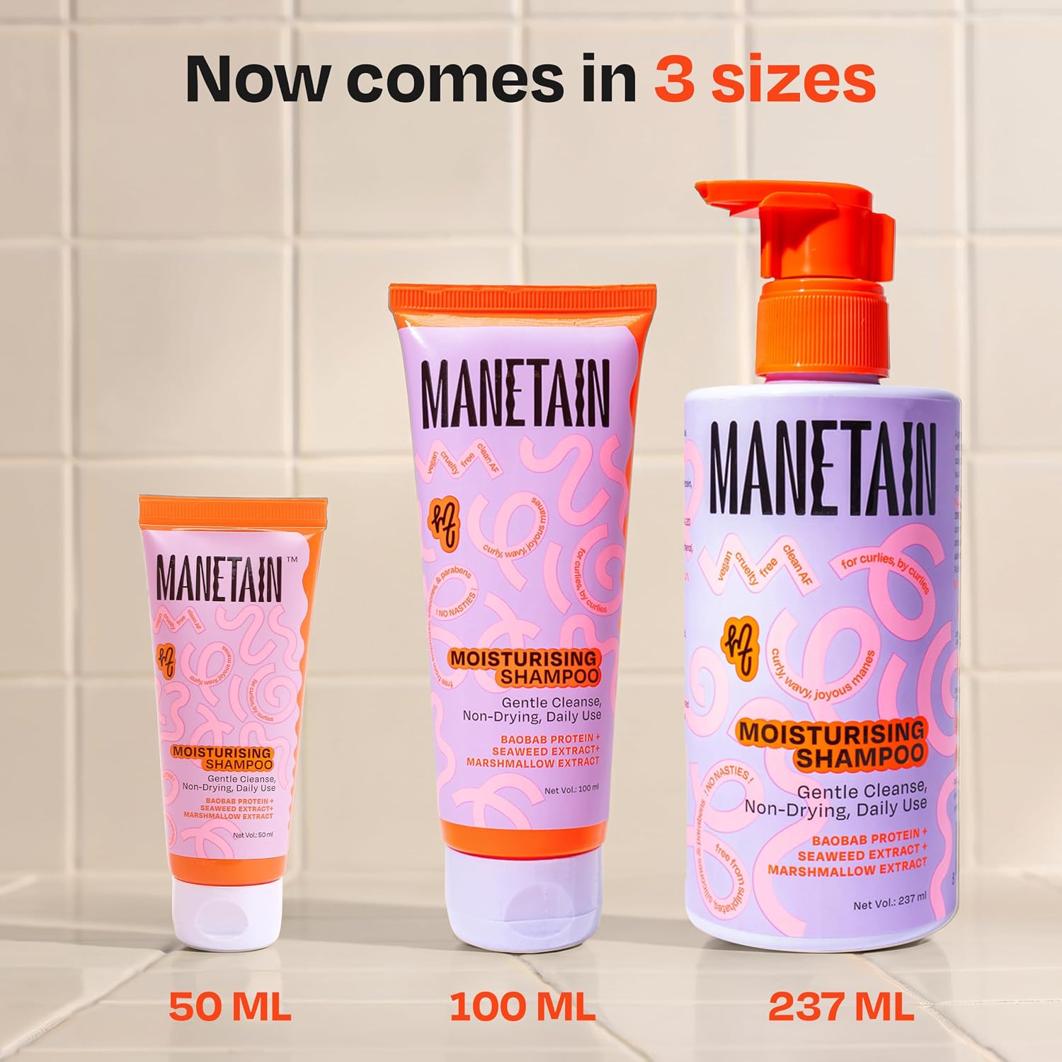 MANETAIN Moisturising Shampoo 237ml for Curly, Dry & Frizzy Hair | Sulphate & Paraben Free | Hydrates & Strengthens with Baobab Protein, Seaweed & Marshmallow Extract | CG-Friendly, Gentle Cleanser for Soft, Defined Curls