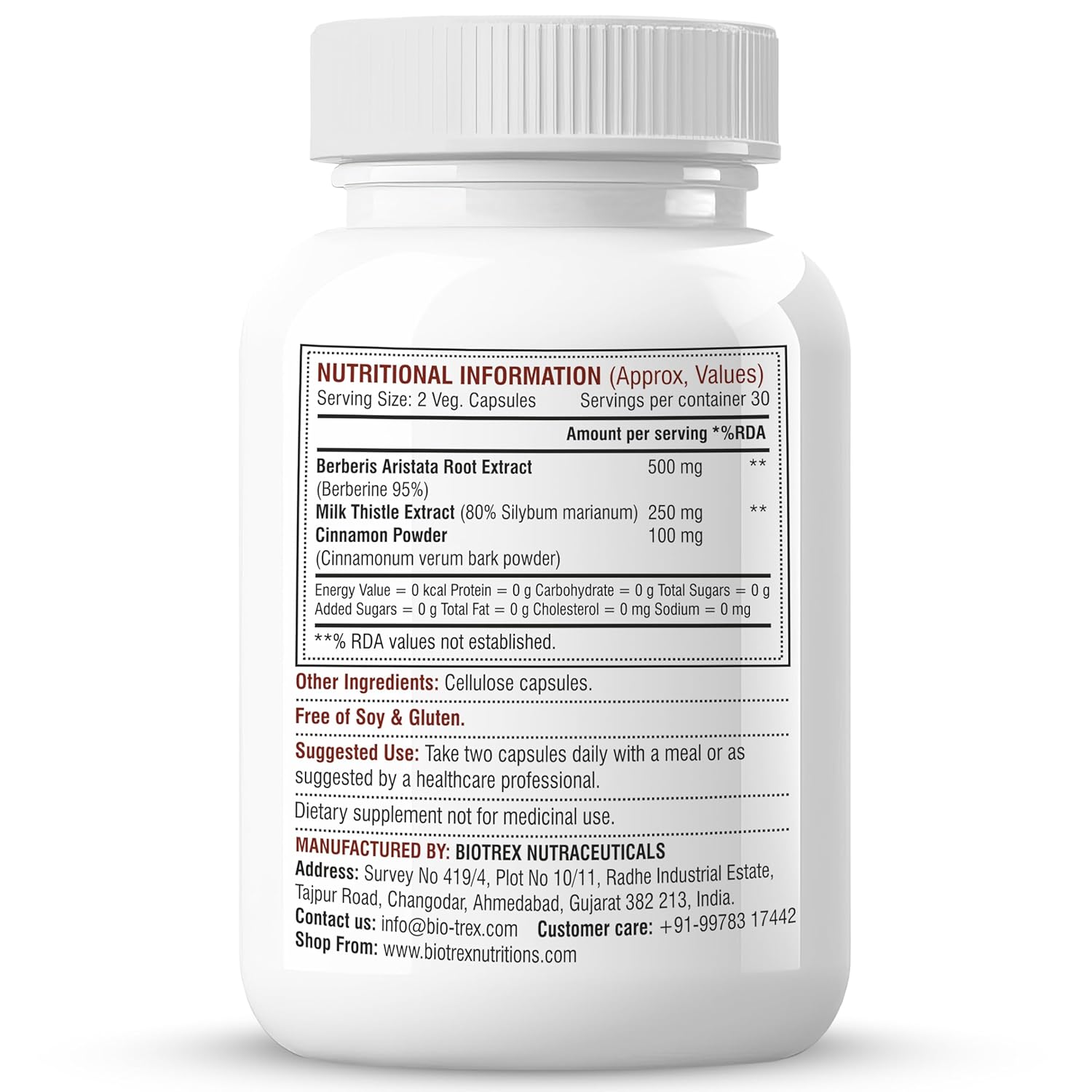 Biotrex Nutraceuticals Berberine HCL 850mg | 95% High Purity | With Milk Thistle & Cinnamon | Maintain Healthy Glucose Levels | Metabolic Support & Digestive Wellness | Lab Tested | 60 Veg Capsules