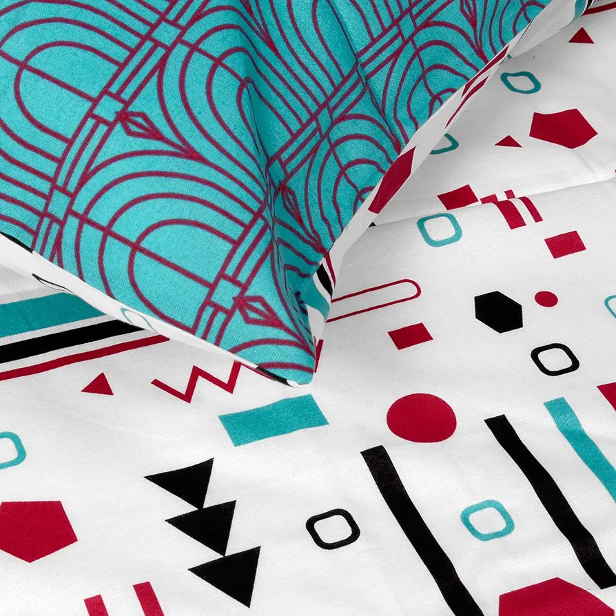 Divine Casa 144 TC Super Soft Cotton Bedsheet for Double Bed  144 Thread Count Abstract Colour Red Teal & White