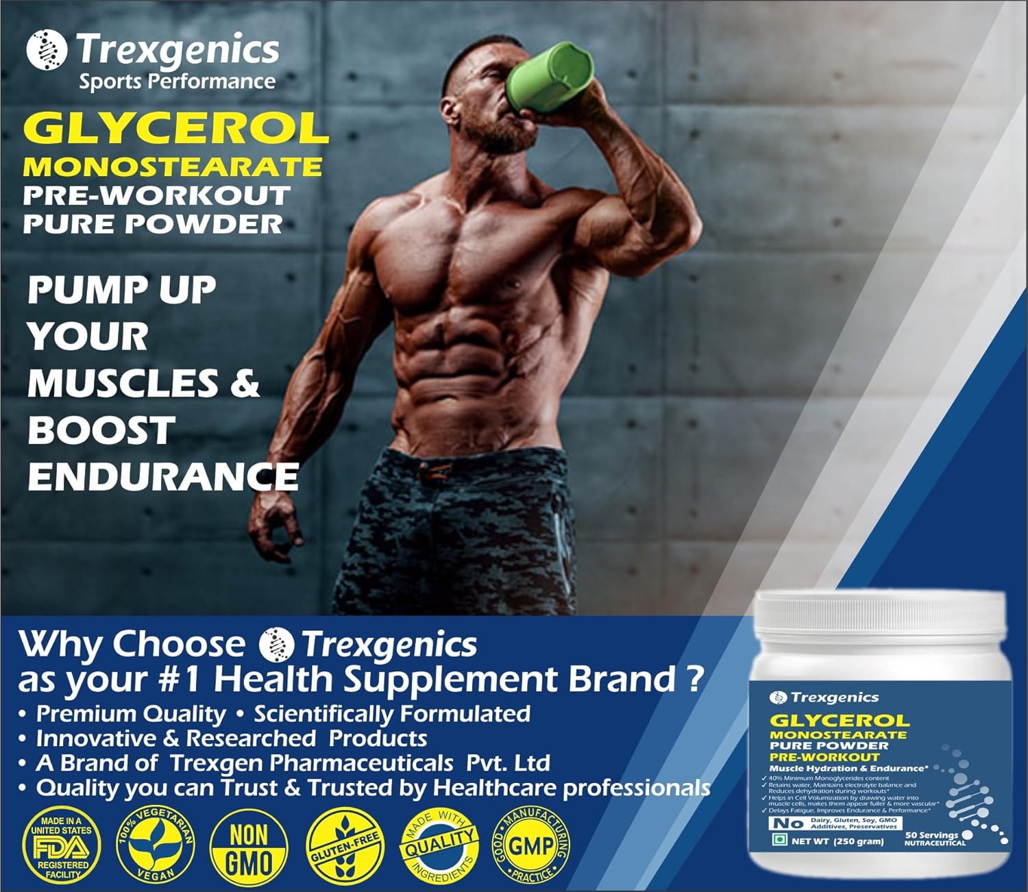 Trexgenics GLYCEROL MONOSTEARATE GMS Pure & Premium Powder Pre-Workout, > 40% Monoglycerides content 50 servings (250 gram)