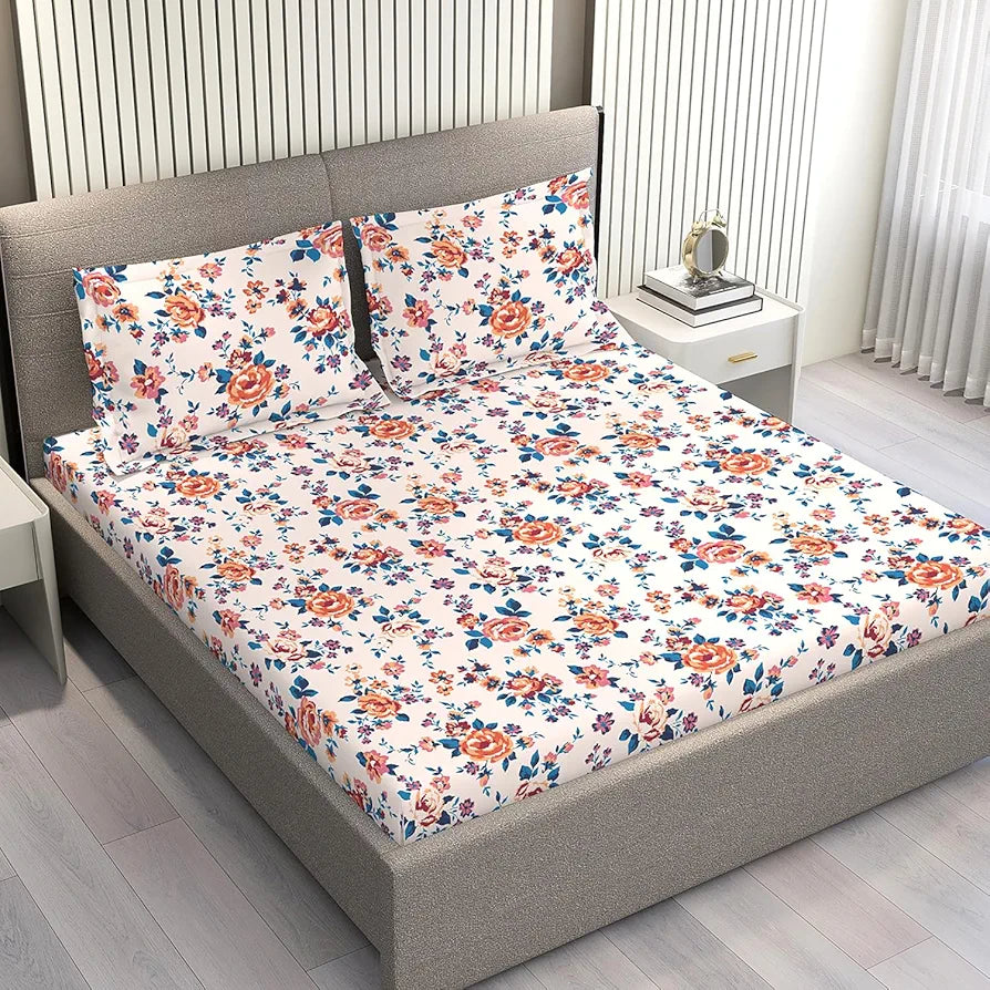 Layers Marigold Cotton Bedsheet Set for All Seasons Lightweight 144 TC King Size Beige Marigold