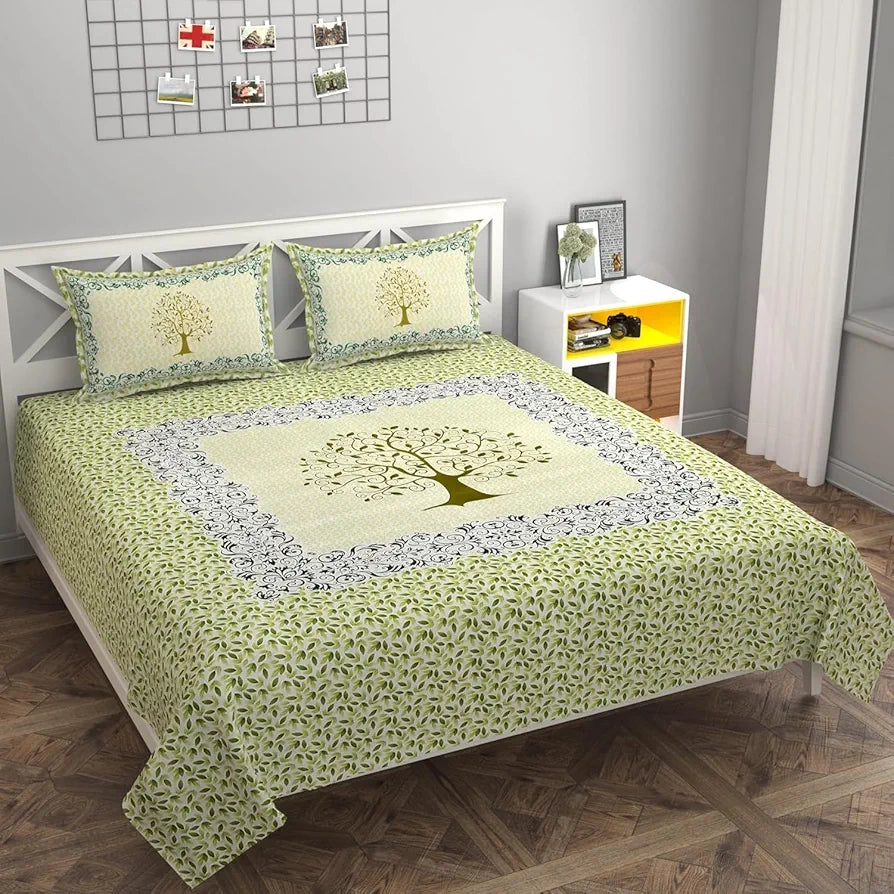 HomeKart Cotton Rajasthani Jaipuri Print Bed Sheet Traditional Floral Double Size Bedsheet with Hand Block Printed 180-200 tc with 2 Pillow Covers White and Light Green