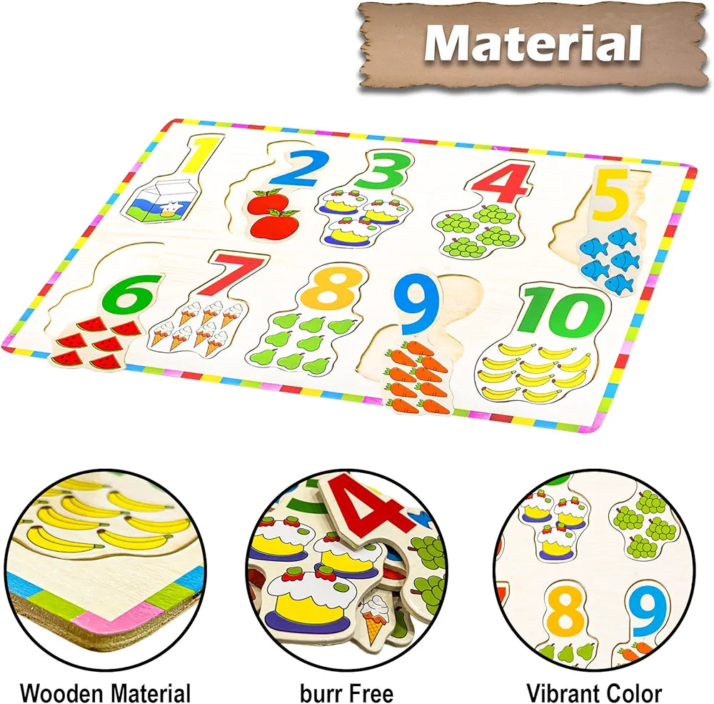 Wishkey Number Board Puzzle Toy with Illustrations, Montessori for Pre-Schooler Kids, Wooden Educational Puzzles