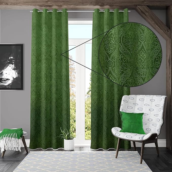 Loomlyfe Damas Heavy Soft Thick Premium Designer Room Darkening Blackout Window Curtain | 2 Pieces | 5 Feet | Green