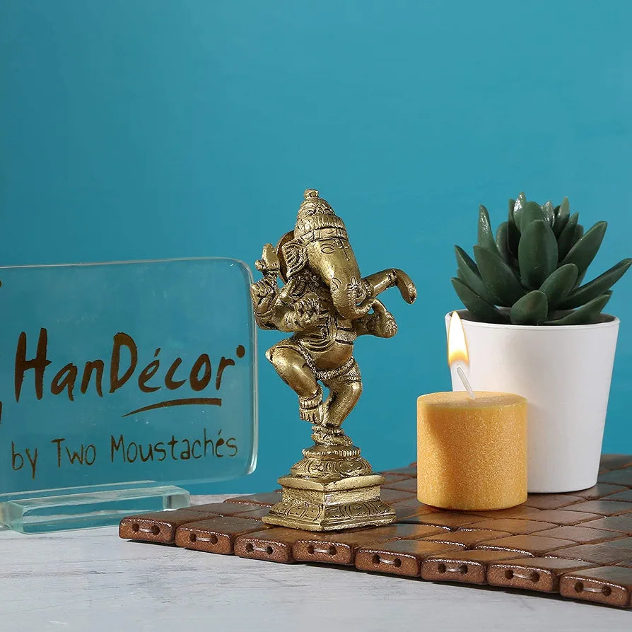 Two Moustaches Brass Dancing Ganesha Decor Idol