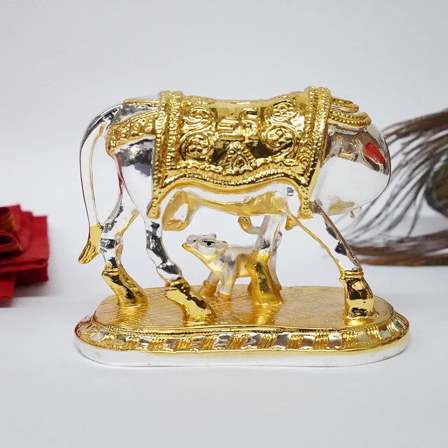 Gold Art India Om Kamdhenu Cow with Calf for Gold & Silver Plated - 4 inch