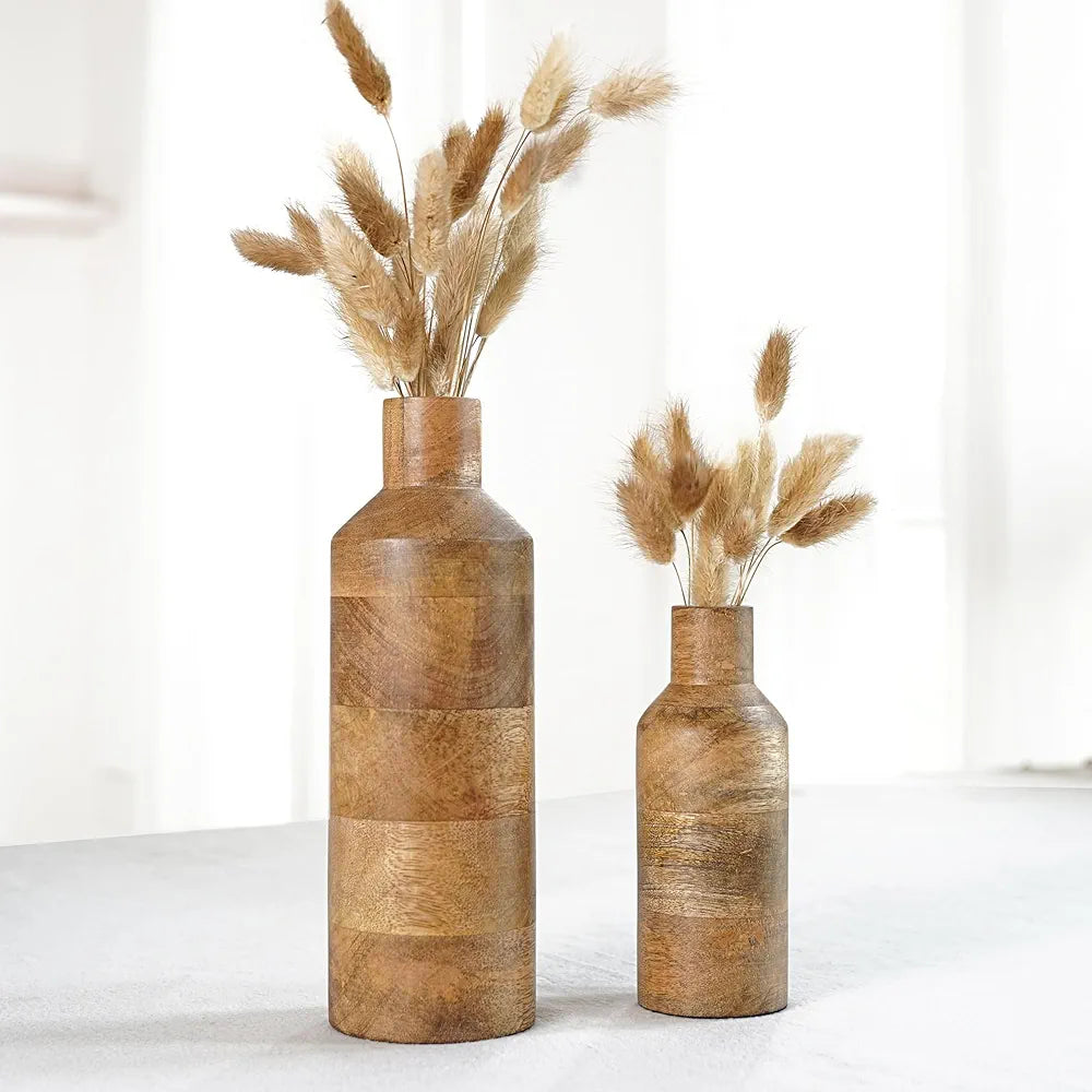 Behoma Wooden Flower Vase Set of 2 Bottle Shape Mango Wood Vases Height Natural Light Brown Flowers not Included