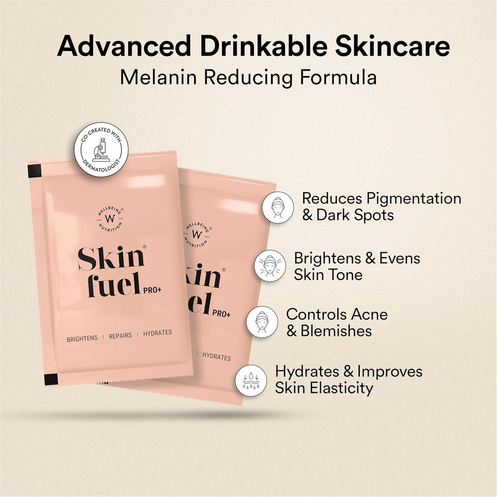 Wellbeing Nutrition Skin Fuel Pro+ | Glutathione, Vit C & E, CoQ10, Vollagen & PhytoCellTech | Reduced Pigmentation & Dark Spots, Brightens Skin Tone, Anti-aging | Valencia Orange Flavour, 28 Servings