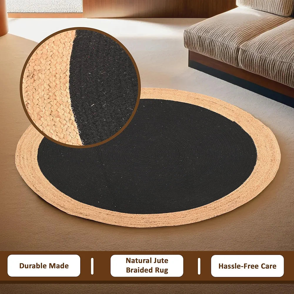 Kuber Industries 4x4 Feet Round Jute Rug & Carpet for Home Bedroom Beige & Black