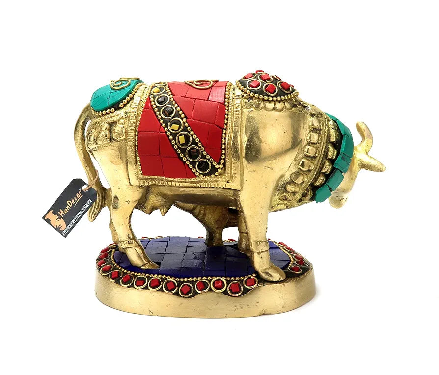 Two Moustaches Gemstone Work 5.5 Inches Kamdhenu Cow Brass Showpiece