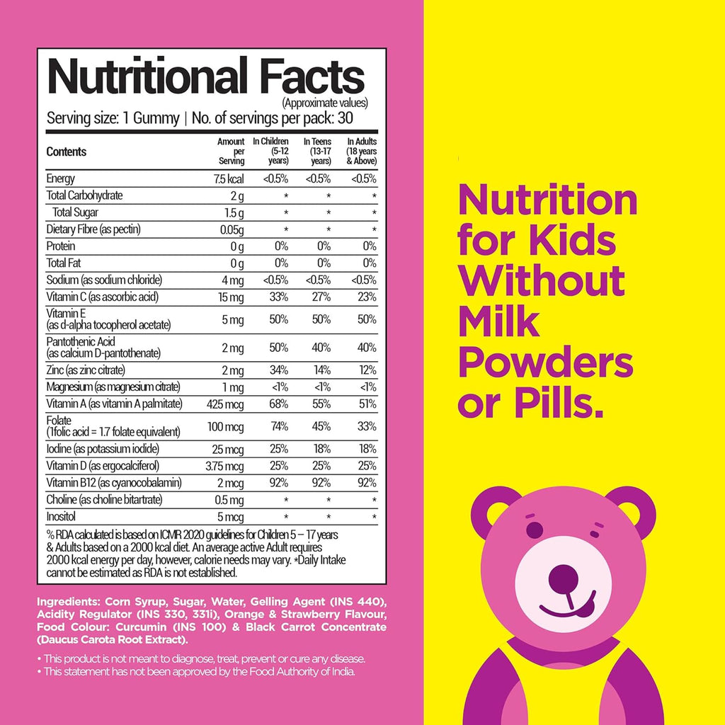 NutriBears Kids Multivitamin Gummies | 12 Essential Nutrients | No Artificial Colours or Sweeteners | Low Sugar | Immunity, Growth & Brain Development | Age 2-12 | Strawberry & Orange | 30 Gummy Bears