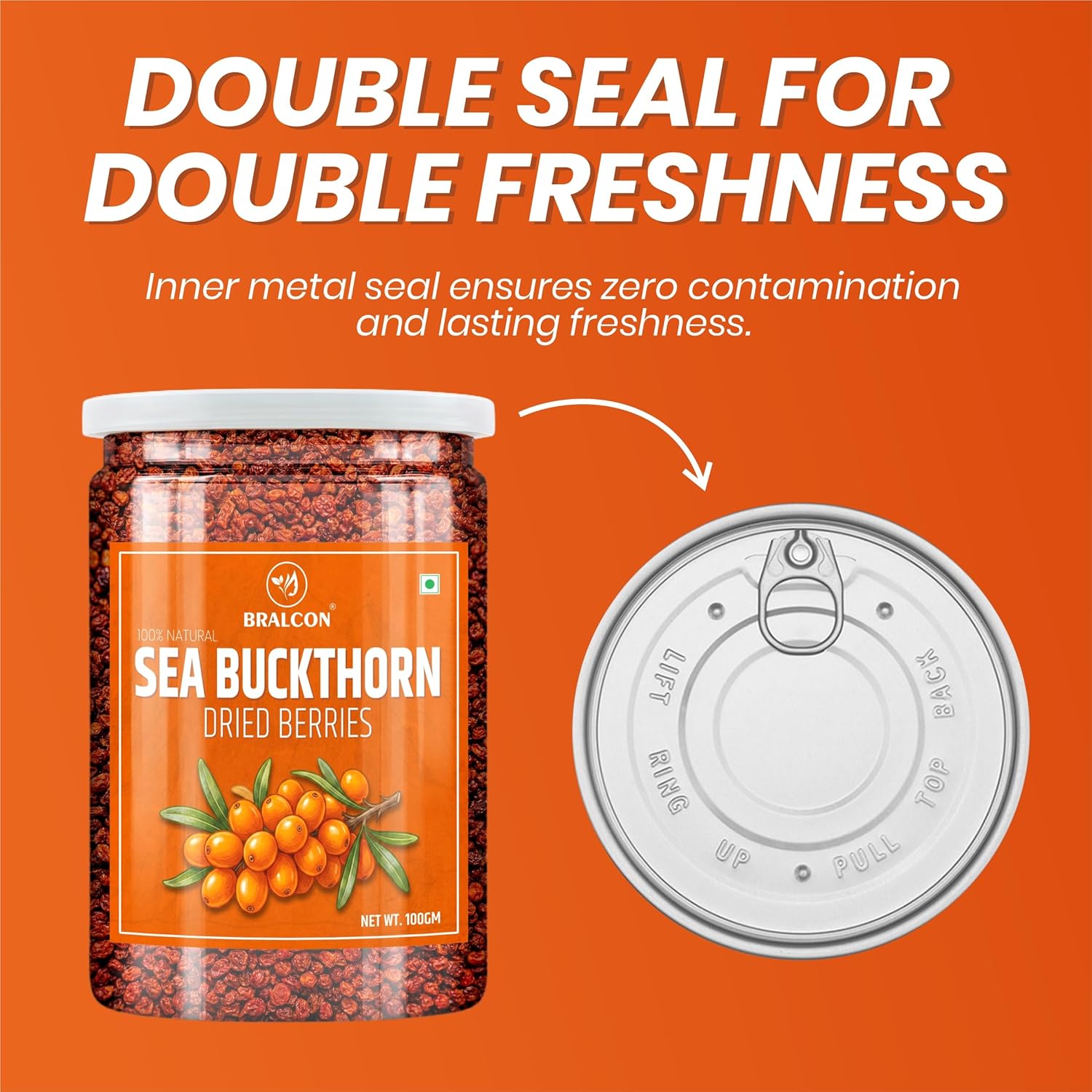 BRALCON Sea Buckthorn Dried Berries - 100 g, Natural Tangy Fruit, Premium Snack, Culinary Ingredient for Smoothies, Breakfast Bowls and Desserts, 100g Pack