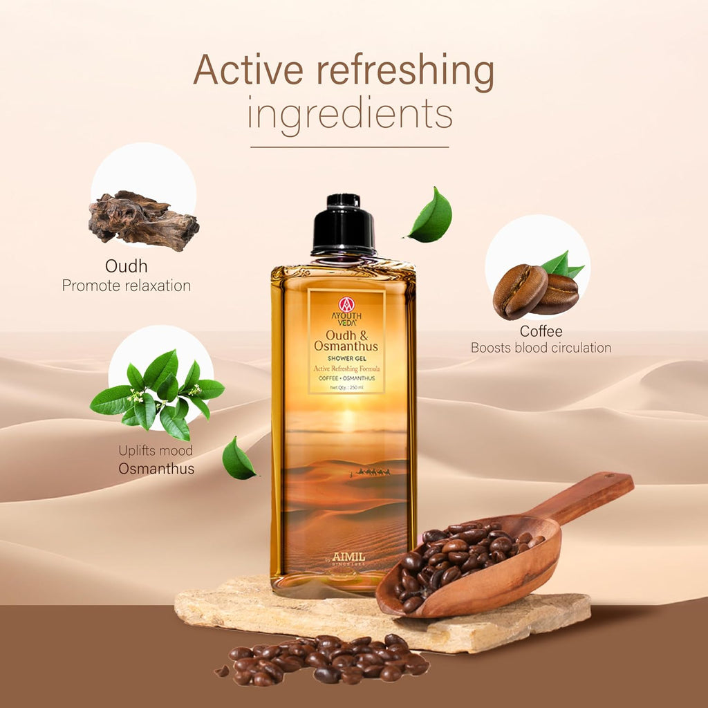 Ayouthveda Oudh & Osmanthus Shower Gel with Coffee | Aromatic Body Wash for Revitalizing & Hydrating Skin | Sulfate-Free Luxury Cleanser for Men & Women | 250 ml