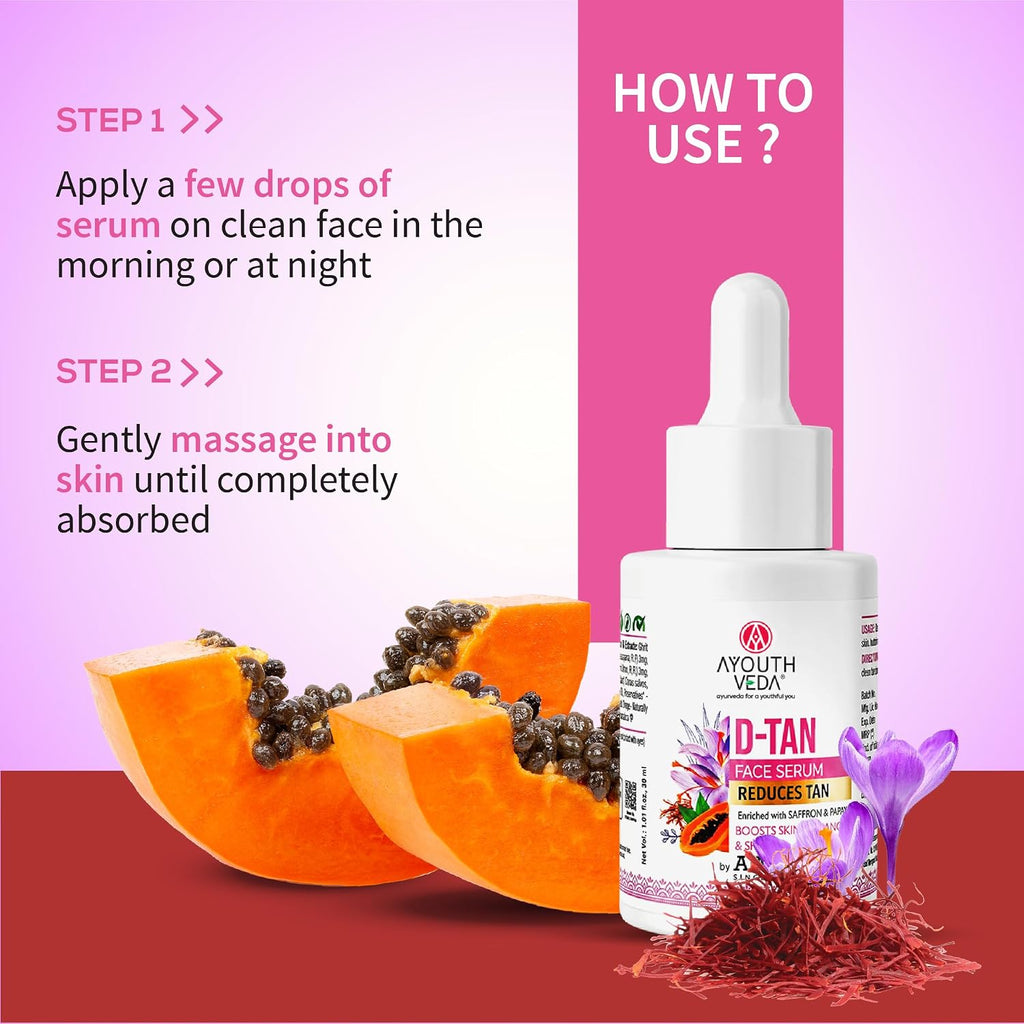 Ayouthveda D-Tan Face Serum Enriched With Saffron & Papaya For Nourished Skin| Address sun damage and achieve a revitalized, Boosts Skin Radiance | For Men & Women| Effectively reduces tan 30ml