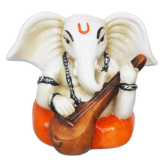 Ecraftindia White & Orange Polyresin Handcrafted Lord Ganesha Idol Playing Veena Musical Instrument