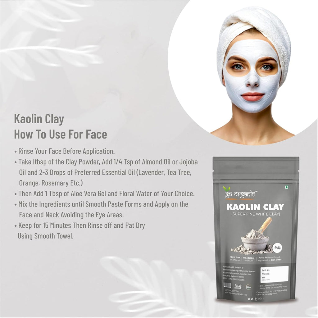 Go Organic White Kaolin Clay Powder for Skin Face Mask, 250g, Natural Ingredients, Gentle Exfoliation, Deep Cleansing,China clay | White Clay | Vegan and Organic | Paraben free | Reduces Acne, De Tan & Blackheads | Fack Pack | Hair Pack |