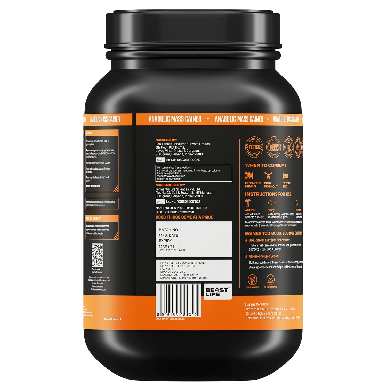 BeastLife High Protein Mass/Weight Gainer | 1 KG | Cookies & Cream | NABL LAB Tested | For Muscle Gain & Fast Growth | Cereal-Based Formula, No Maltodextrin | India's #1 Cereal Based Bulk Gainer