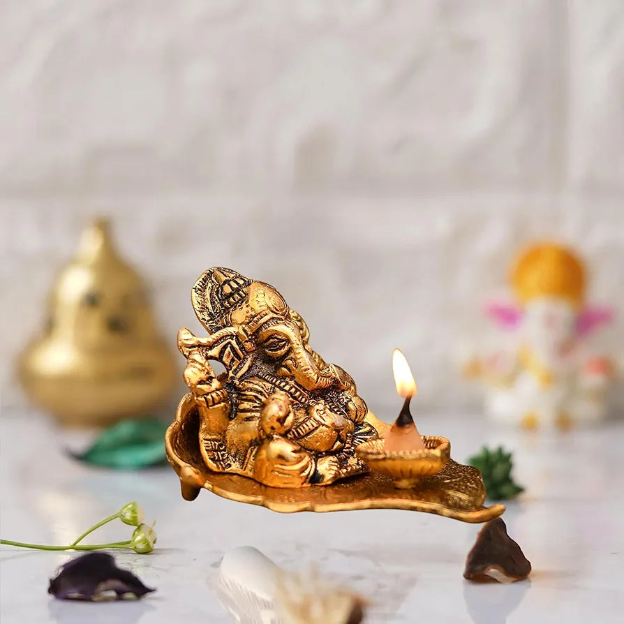Chhariya Crafts Metal Ganesh Idol with Diya Deepak Showpiece - 8 cm