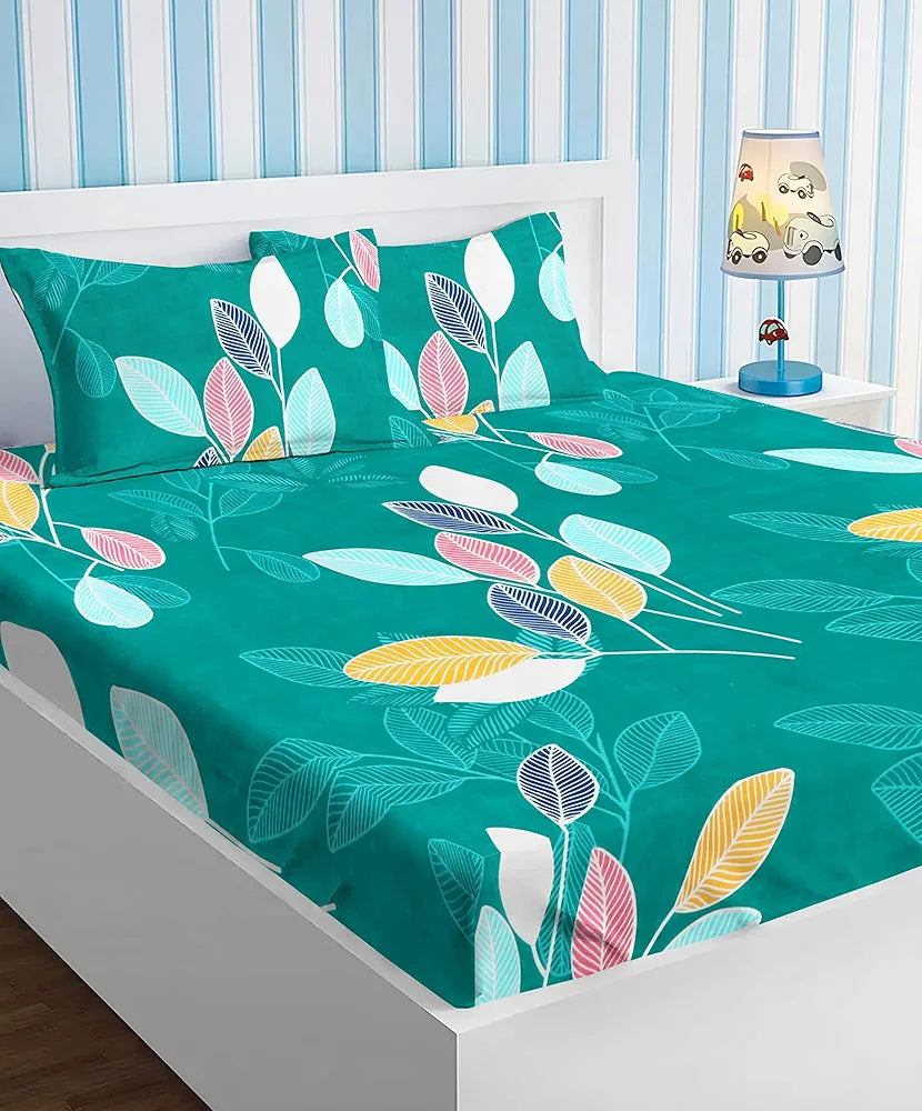Homekart Premium Cotton Elastic Fitted Bedsheets with 2 King Size Pillow Covers Double Bed Flower Print Green and Red 200 tc - 220 tc