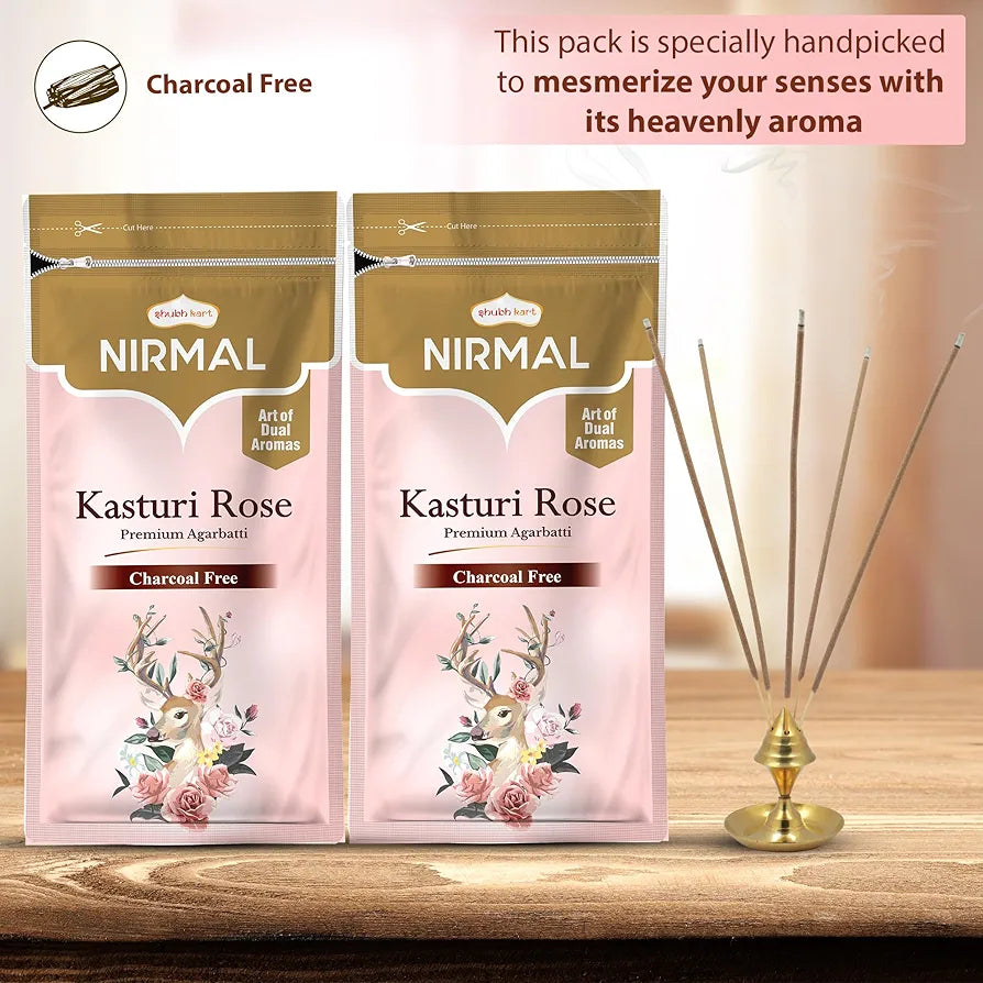 Shubhkart Nirmal Kasturi Rose Premium Agarbatti Stick Agarbatti Zipper Long Sticks Charcoal Free Premium Dual Aroma Kasturi and Rose Fragrance