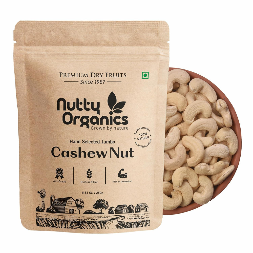 Nutty Organics Whole Cashew Nuts 250 Gm | Hand Selected Jumbo | Nutritious & Delicious Nuts | Natural & Crunchy | Healthy Dry Fruit Snack