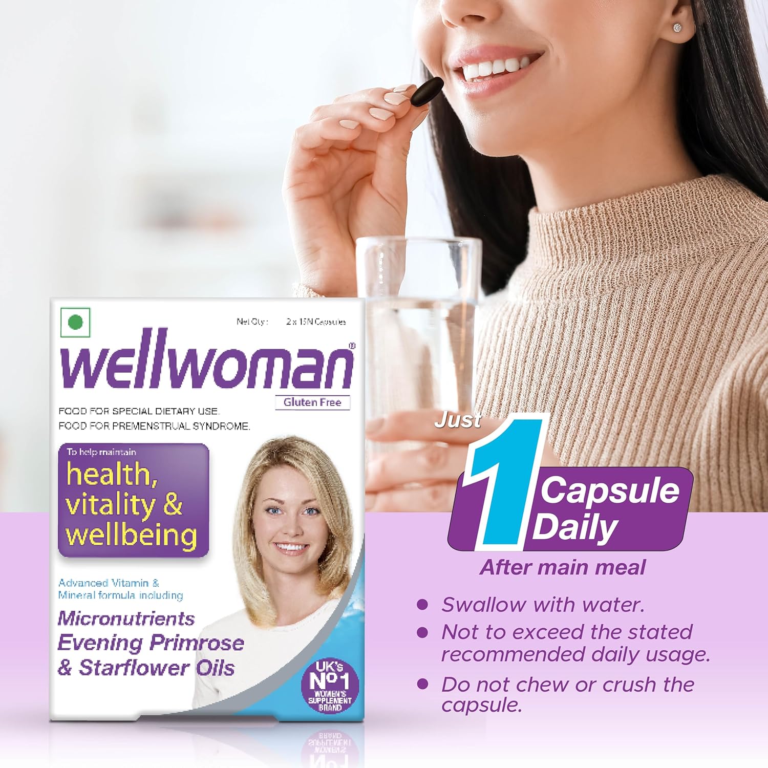 Wellwoman Multivitamin Capsules For Women With Evening Primrose Oil,Magnesium,Vitamin C,B6,Folic Acid To Provide All Round Nutrition,Immunity,Helps Reduce Pms,Pcos Symptoms,30 Veg Capsules,200 grams