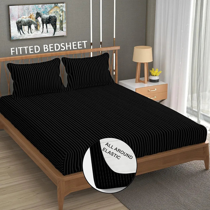 Homefab India 160 TC Stripe Cotton Feel Glace Cotton Elastic Fitted King Size Double Bed Bedsheet with 2 Pillow Covers Fits Upto 6 inches Mattress Black