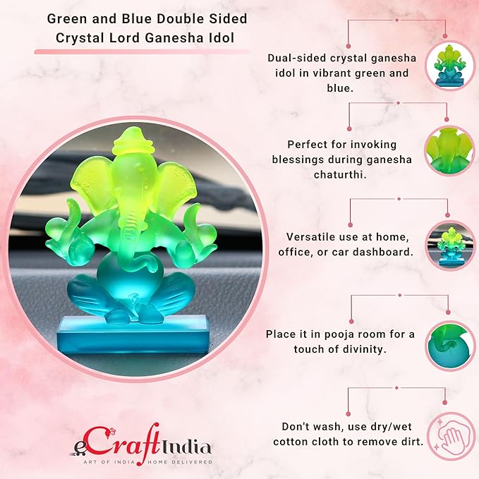 Ecraftindia Green and Blue Double Sided Crystal Car Ganesha Showpiece