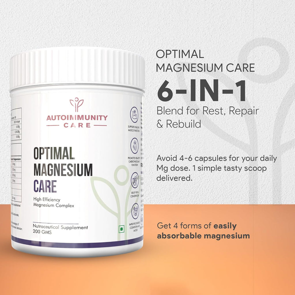 Autoimmunity Care Optimal Magnesium Care – 4-in-1 Magnesium Complex with B6 | Magnesum Glycinate, Citrate, Malate & Oxide | Supplement for Sleep, Stress, Muscle Cramps, Bones & Nerves | 200 gm (50 Servings)