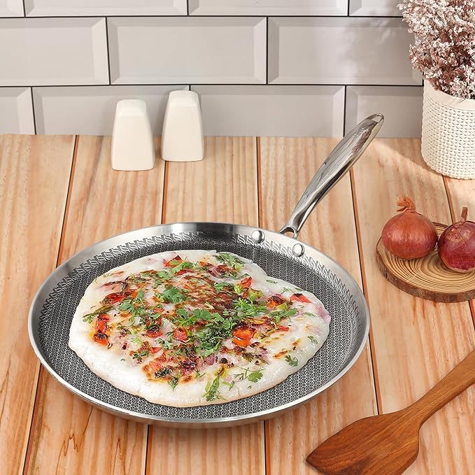 Vinod SAS Pro Platinum Triply Stainless Steel Dosa Tawa - 31 cm | 4.0 mm Thick | Hexa Design | Metal Spoon Friendly | Riveted Handle | Induction Base