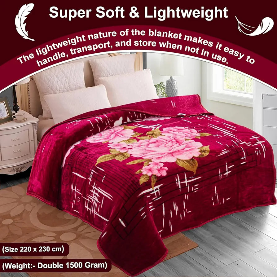 Homekart Premium Super Soft Cloudy Printed Mink Double Bed Blanket for All Season Ultrasoft & Cozy Single Ply Blanket Pink Flower Dark Red