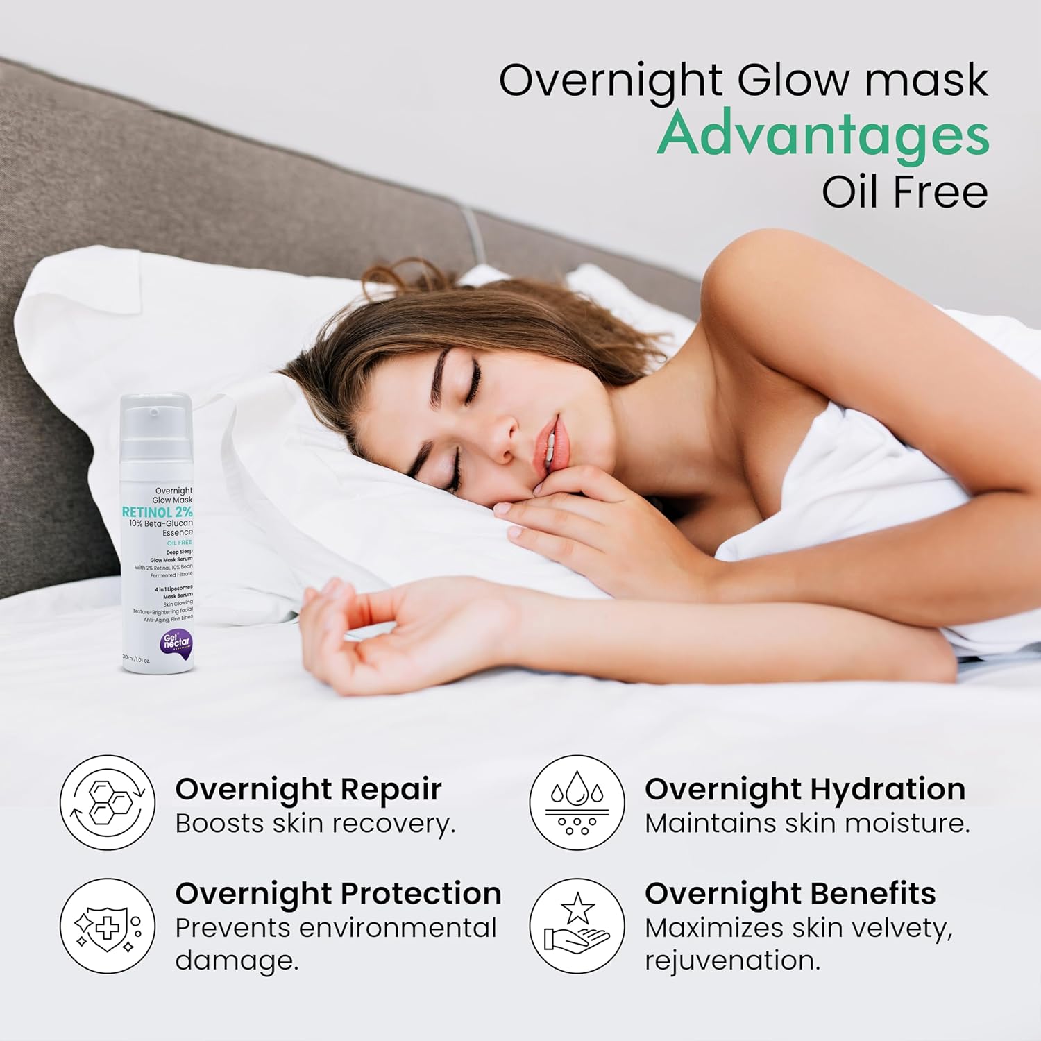 Get Nectar Happiness Overnight Glow Mask Night Serum 2% Retinol (Oil Free) with Beta-glucan & Bean Essence for Anti-Aging, Fine Lines, Wrinkles & Younger-Look (30ml)