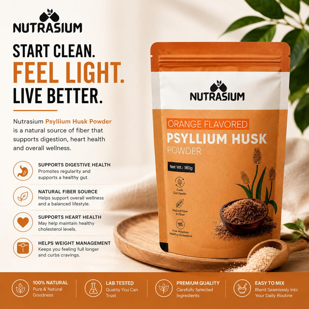 Nutrasium Psyllium Husk Powder | Isabgol Powder | Supports to Relieves Constipation | Rich Source Of Dietary Fiber Supplement For Digestion & Gut Health | 180 gram Orange Flavour