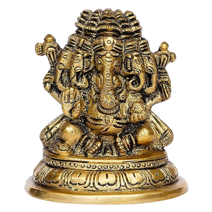 Ecraftindia Handcrafted Golden Brass Panchmukhi Lord Ganesha Idol | Hindu God Idol | Home Decor | Puja Room