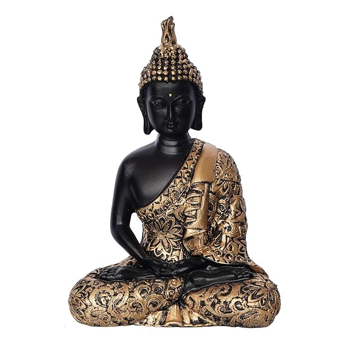 Ecraftindia Black Golden Resin Handcrafted Meditating Lord Buddha Idol for Home Decor