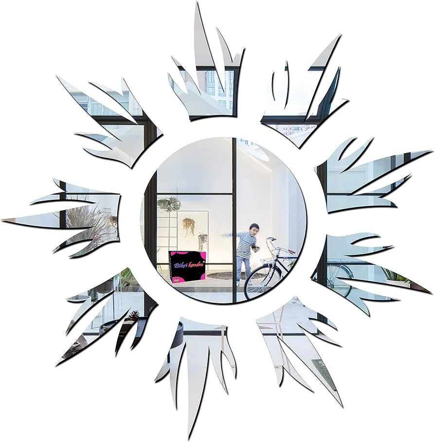 Bikri Kendra Sun Silver Model-11 Mirror Stickers for Wall, Acrylic Mirror Wall Decor Sticker