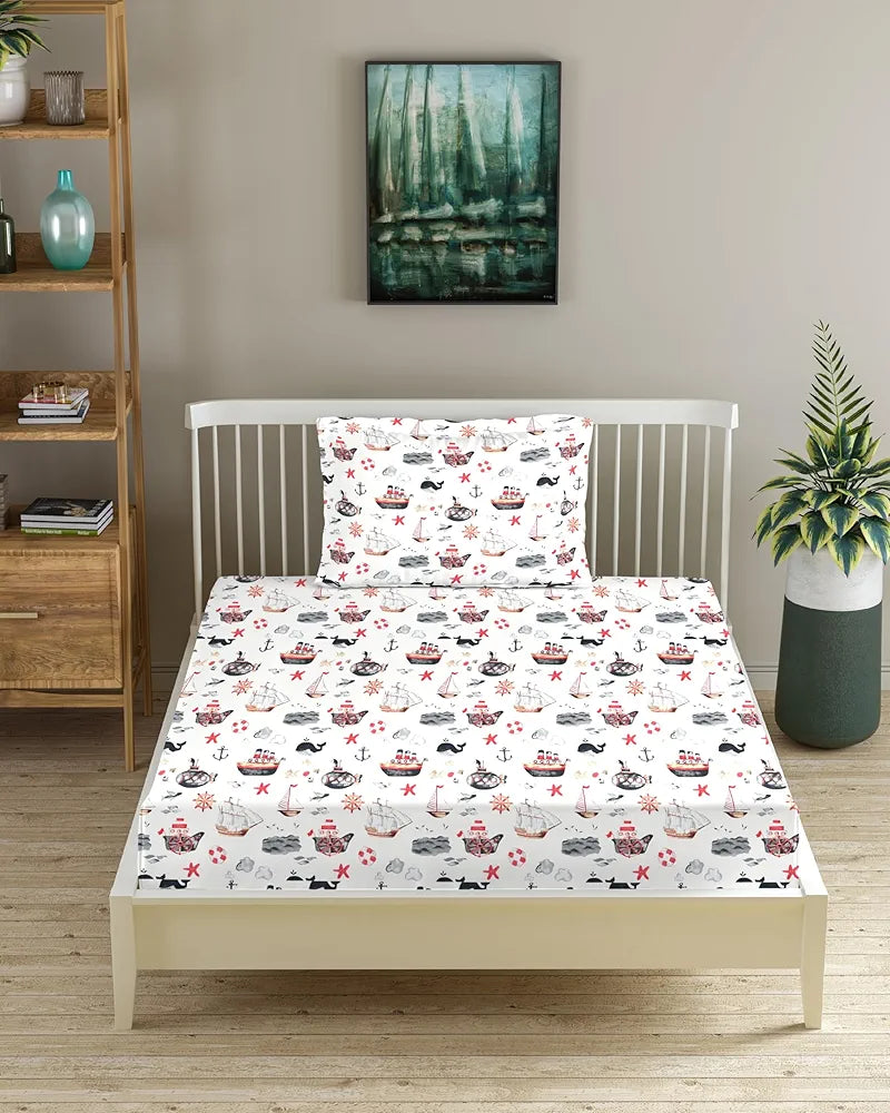 Trance Home Linen 180TC 100% Cotton 78"x36" Single Size Elastic Fitted Kids Bedsheet Cartoon Printed with 1 Pillow Cover Colour Boat Orange