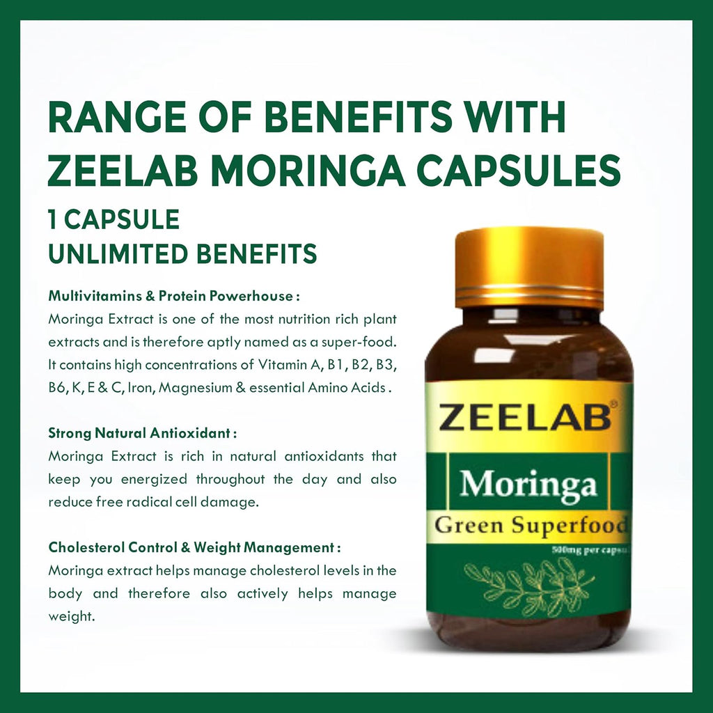 Zeelab Moringa Green Superfood Capsule | Immunity Supplements for Adults | 100% Vegetarian | Organic Moringa Leaf Powder 100 Capsules