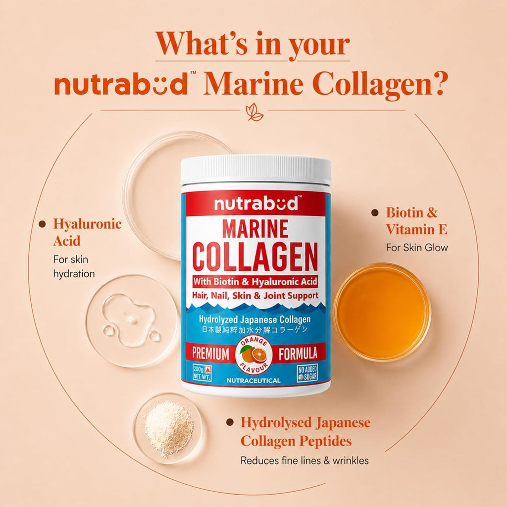 Nutrabud Japanese Marine Collagen Powder Supplement for Women,Men|No Added Sugar|Supports Skin Radiance,Healthy Hair,Nails & Joints|Hydrolyzed Collagen Peptides (Orange,200 grams)