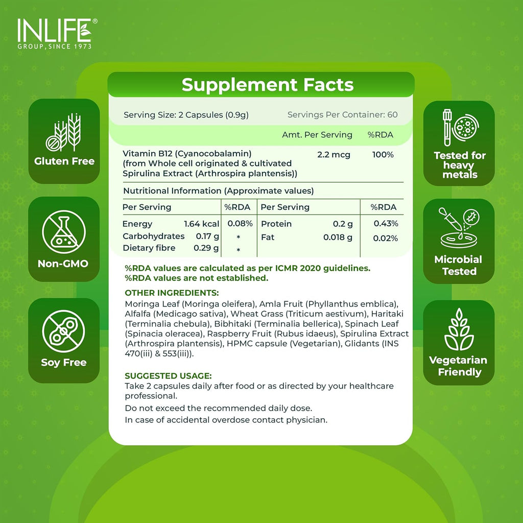 INLIFE Plant Based Vitamin B12 Supplements for Men & Women | Supports Nerve Health & Brain Health | Superfood Formula | B12 from Spirulina Extract - 120 Vegetarian Capsules (Pack of 1, 120)