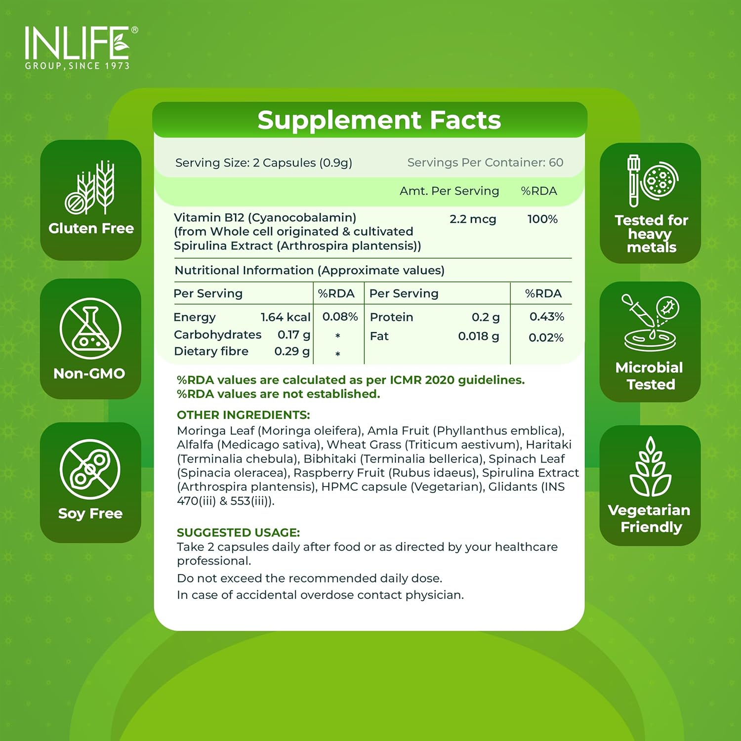 INLIFE Plant Based Vitamin B12 Supplements for Men & Women | Supports Nerve Health & Brain Health | Superfood Formula | B12 from Spirulina Extract - 120 Vegetarian Capsules (Pack of 1, 120)
