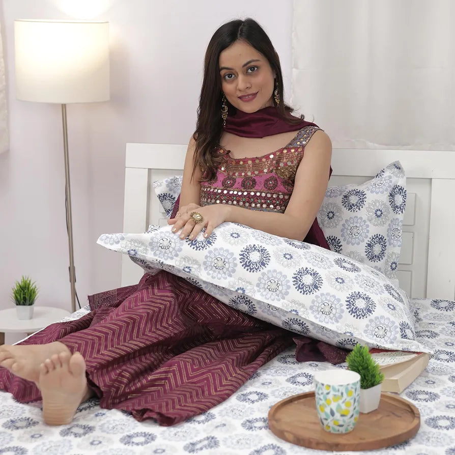 Divine Casa 100% Cotton Bedsheet for Single Bed 144 TC Bedsheet Single Size Bed Cotton with 1 Pillow Cover Colour Blue Beige