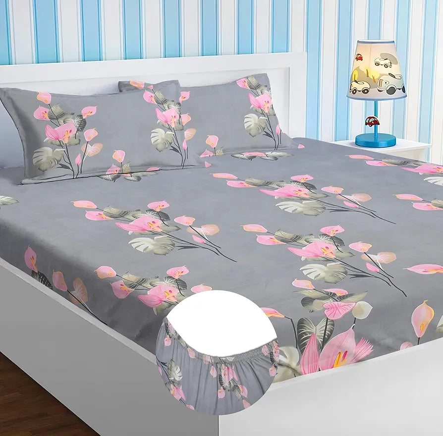 Homekart Premium Cotton Elastic Fitted Bedsheets with 2 King Size Pillow Covers Double Bed Flower Print Pink and Grey 200 tc 220 tc Pink & Grey
