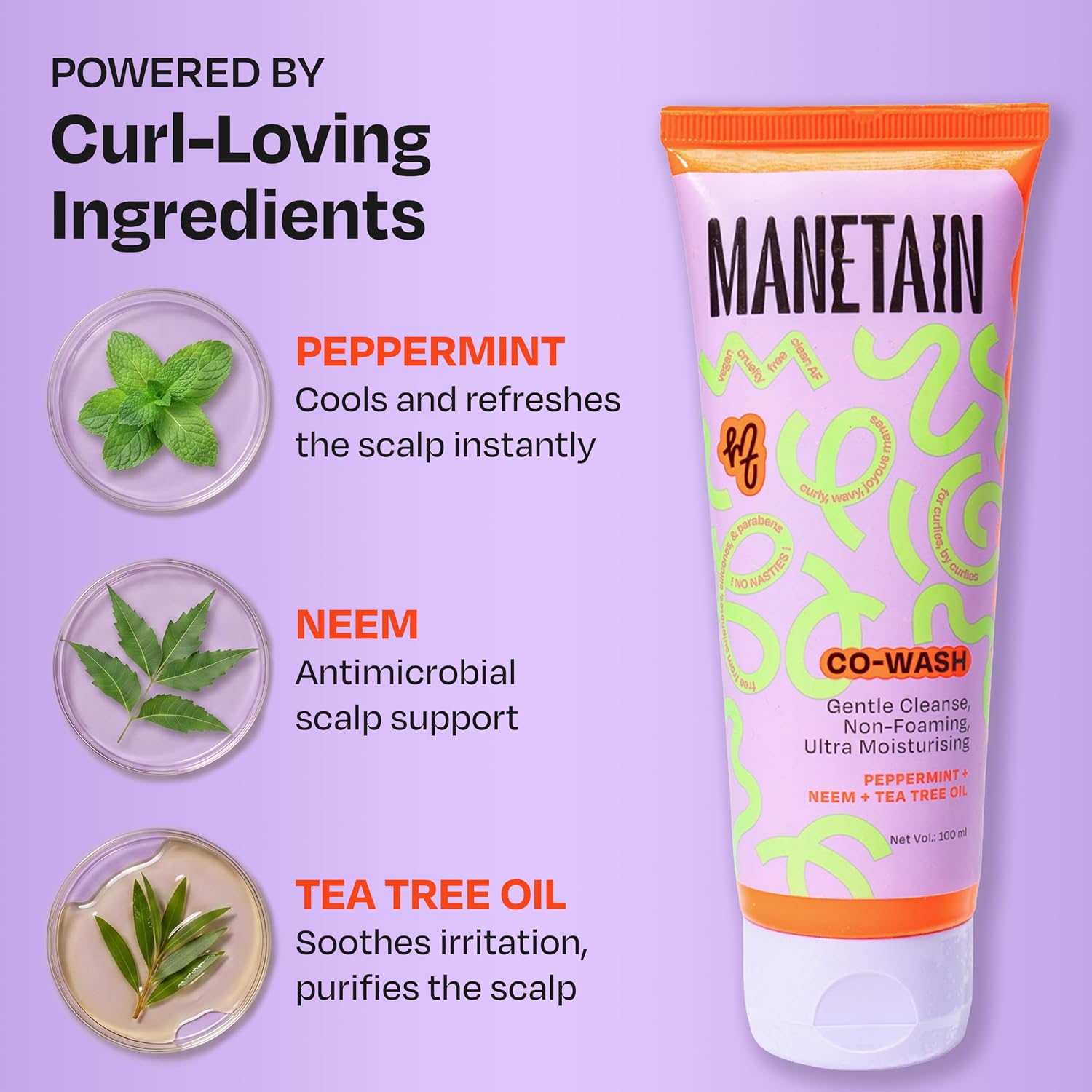 Manetain Co-Wash for Curly Hair - 100ml | 2 in 1 Shampoo & Conditioner | Non-foaming | Sulphate and Paraben Free | CG Friendly | Suitable for Dry and Frizzy Hair