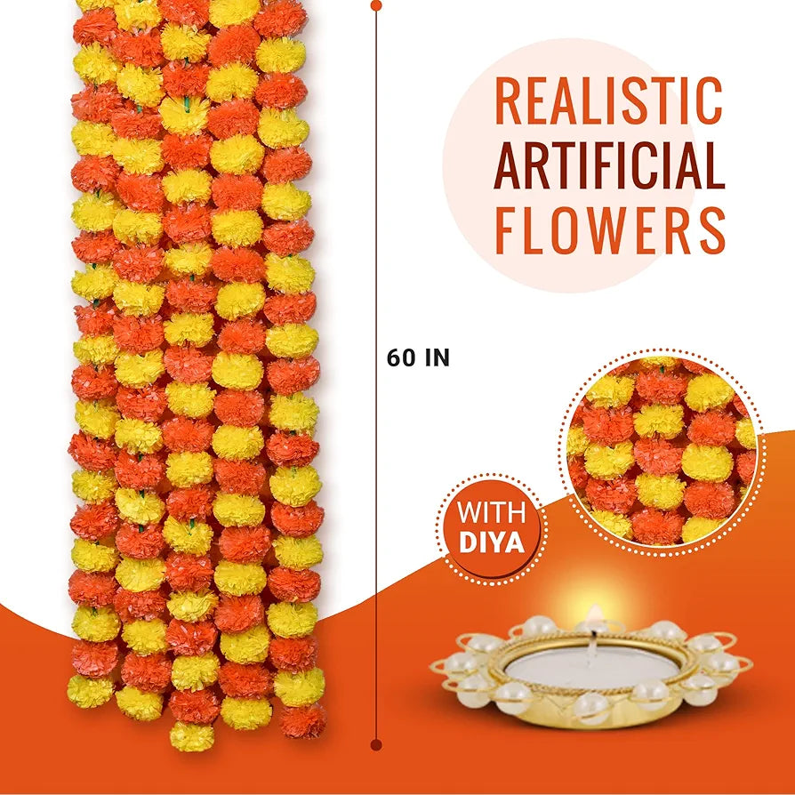Marigold Artificial Flowers for Decoration Long Garland 5 Feet Long 5 Pcs Multi