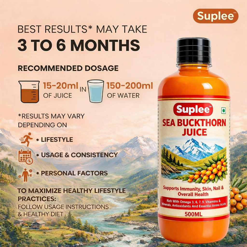 Suplee Himalayan Sea Buckthorn Juice 500ml | Cold Pressed Wild Seabuckthorn Berries | Rich in Omega 3 6 7 9, Vitamins | for Immunity, Skin Care and Vitality | Zero Added Sugar | 500ml