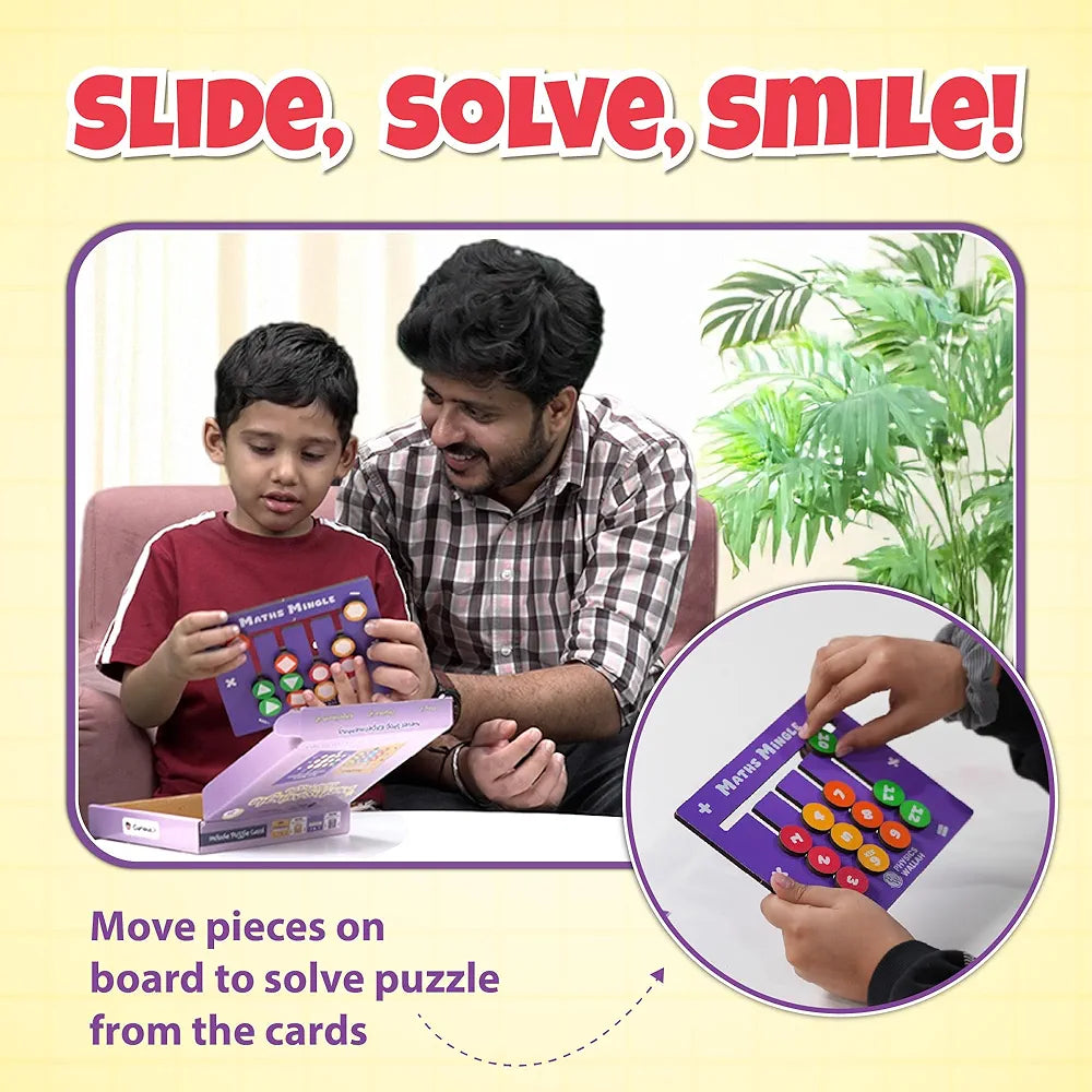 PW Wooden Maths Slide Puzzle Game for Kids Age 4-10 Solve Fun Puzzles with Quizzes & Learn Addition Subtraction, Multiplication Division Shapes Colours