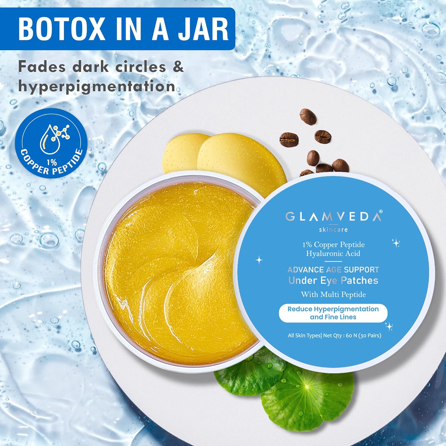 Glamveda Advanced Age Support Under Eye Patches For Dark Circles & Wrinkles & Removal of Fine Lines | 1% Copper Peptide & Hyaluronic Acid Puffy Eye Care Routine | For Women & Men 60Pcs (30 Pairs)